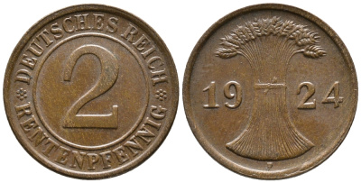 ГЕРМАНИЯ 2 РЕНТЕНПФЕННИГА 1924 F KM 31, J. 307 бронза 24-455