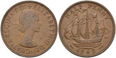 Великобритания 1/2 пенни 1962 Елизавета II (1952-2022) KM 896, Spink 4158 бронза 4153-843