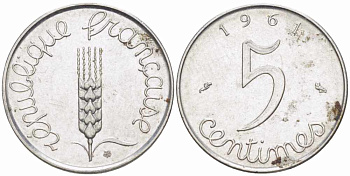 ФРАНЦИЯ 5 САНТИМОВ 1961 ПЯТАЯ РЕСПУБЛИКА KM 927, LE FRANC 124.3 хромированная сталь 105-419