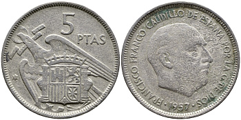 ИСПАНИЯ 5 ПЕСЕТ 1957 (59) ФРАНСИСКО ФРАНКО ДИКТАТОР ИСПАНИИ (1939-1975) KM 786 медно-никель 4384-123