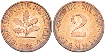 ФРГ 2 ПФЕННИГА 1986 D KM 106а, J. 381а сталь плакированная сталь плакированная медьюю 4181-851