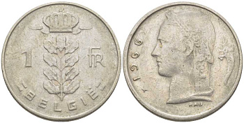 БЕЛЬГИЯ 1 ФРАНК 1966 BELGIE, БОДУЭН I (1951-1993) KM 143.1 медно-никель 119-612