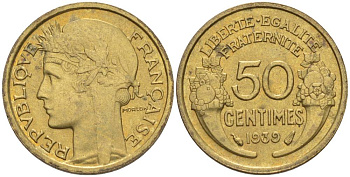ФРАНЦИЯ 50 САНТИМОВ 1939 ТИП MORLON KM 894.1, LE FRANC 192.15 алюминиевая бронза 44-816