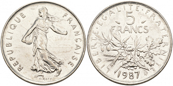 ФРАНЦИЯ 5 ФРАНКОВ 1987 СЕЯТЕЛЬ KM 926a.1, LE FRANC 341.19 медно-никель плакированный никелем 3855-722