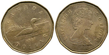 КАНАДА 1 ДОЛЛАР 1987 УТКА, ПЕРВЫЙ ГОД KM 157 никель плакированный позолоченной бронзой 3334-412