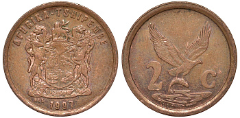 ЮАР 2 цента 1997 легенда на венда, орел с рыбой KM 159 сталь плакированная медью 4164-532
