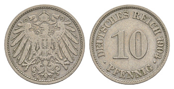 Германия 10 пфеннигов 1904 A, Вильгельм II (1888-1918) KM 12, J. 13 медно-никель 4640-258