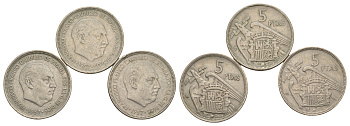 Испания лот из 3 монет (без повторов) 5 песета 1957 (58, 59 и 60) Франсиско Франко KM 786 медно-никель 4178-644-646