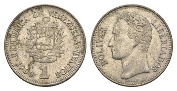 Венесуэла 1 боливар 1990 Симон Боливар, толстый шрифт Y 52a.2 сталь плакированная никелем 4592-245
