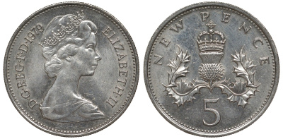 Великобритания 5 пенсов 1979 Елизавета II (1952-2022) KM 911, Spink 4233 (D1) медно-никель 4123-825