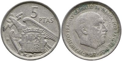ИСПАНИЯ 5 ПЕСЕТ 1957 (59) ФРАНСИСКО ФРАНКО ДИКТАТОР ИСПАНИИ (1939-1975) KM 786 медно-никель 4384-123
