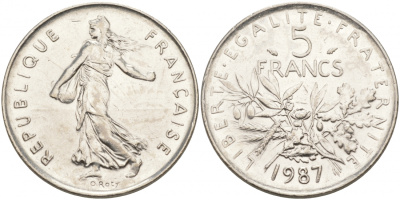 ФРАНЦИЯ 5 ФРАНКОВ 1987 СЕЯТЕЛЬ KM 926a.1, LE FRANC 341.19 медно-никель плакированный никелем 3855-722