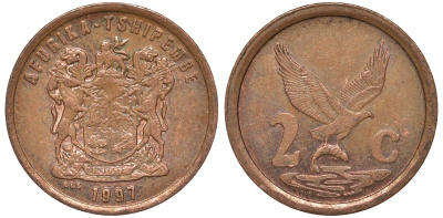 ЮАР 2 цента 1997 легенда на венда, орел с рыбой KM 159 сталь плакированная медью 4164-532