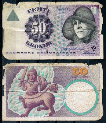 Дания 50 крон 2001 Карен Бликсен, каменный рельеф кентавра (церковь Ландет, Тосинге) Pick 55 c(3) бумага 7457-27-3-1