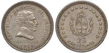 Уругвай 25 сентесимо 1960 KM 40 медно-никель 4169-928