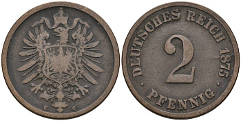 Германия 2 пфеннига 1875 C, старогербовка KM 2, J. 2 медь 4575-636