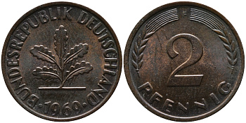 ФРГ 2 пфеннига 1969 F KM 106а, J.381а сталь плакированная медью 99-158