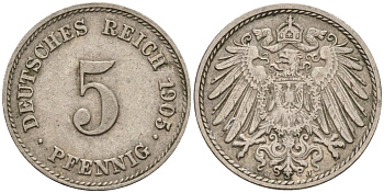 Германия 5 пфеннигов 1905 A KM 11, J. 12 медно-никель 4151-445