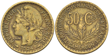 Французский Камерун 50 сантимов 1924 (а), монетный двор Париж KM 1 алюминиевая бронза 71-443