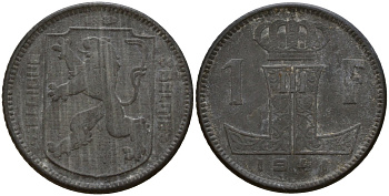 Бельгия 1 франк 1941 Belgique - Belgie, Леопольд III (1934-1947), германская оккупация, Вторая мировая война KM 127 цинк 4161-421