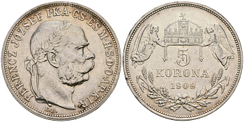 Венгрия 5 корон 1909 Франц Иосиф I (1848-1916) KM 488 серебро 413-6022