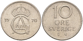 Швеция 10 эре 1970 Густав VI Адольф (1950-1973) KM 835 медно-никель 4564-747