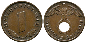 Германия 1 рейхспфенниг 1938 A KM 89, J. 361 бронза    220-253