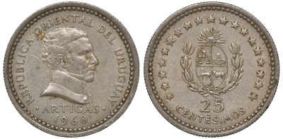 Уругвай 25 сентесимо 1960 KM 40 медно-никель 4169-928