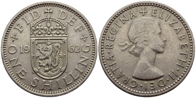 Великобритания 1 шиллинг 1962 Елизавета II (1952-2022), Шотландский герб KM 905, Spink 4148 медно-никель 83-111