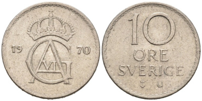 Швеция 10 эре 1970 Густав VI Адольф (1950-1973) KM 835 медно-никель 4564-747