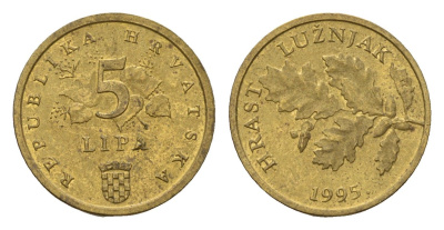Хорватия 5 кун 1995 легенда на хорватском KM 5 сталь плакированная латунью 4617-1236