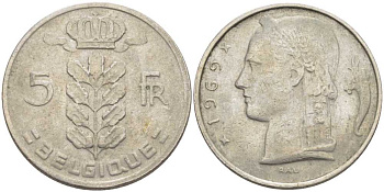 БЕЛЬГИЯ 5 ФРАНКОВ 1969 BELGIQUE, БОДУЭН I (1951-1993) KM 134.1 медно-никель 119-722