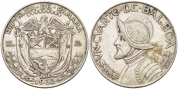 Панама 1/4 бальбоа 1962 Васко Нуньес де Бальбоа KM 11.2 серебро 261-847