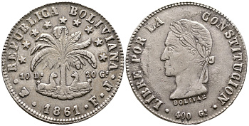 Боливия 8 солей 1861 FJ KM 138.6 серебро 00-00