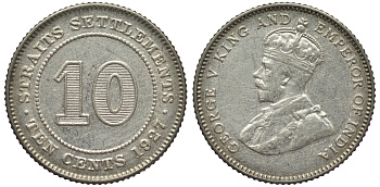 Стрейтс-Сетлментс 10 центов 1927 Георг V (1910-1936) КМ 29b серебро 53-656