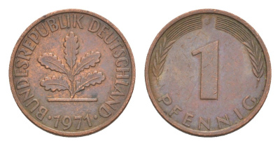 ФРГ 1 пфенниг 1971 J KM 105, J. 380 сталь плакированная медью 4647-969