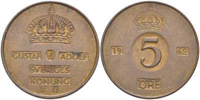 Швеция 5 эре 1962 U, Густав VI Адольф (1950-1973) KM 822 бронза 98-423