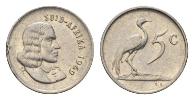 ЮАР 5 центов 1969 Ян ван Рибек (1619-1677), Suid Africa, легенда на африкаанс, райский журавль KM 67.2 медно-никель 4694-429