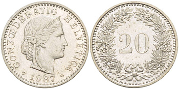 ШВЕЙЦАРИЯ 20 РАППЕНОВ 1987 В KM 29а медно-никель 4544-341