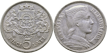 Латвия 5 латов 1929 девушка KM 9 серебро 58-722