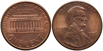 США 1 ЦЕНТ 1996 ЛИНКОЛЬН KM 201b цинк плакированный медью 66-1058
