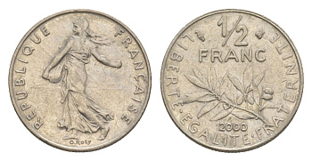 Франция 1/2 франка 2000 сеятель KM 931.1, Le Franc 198.43 никель UNC 4630-423