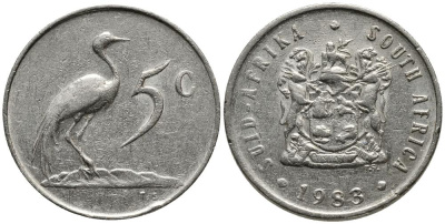 ЮАР 5 центов 1983 герб, райский журавль KM 84 никель 4549-454