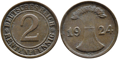 ГЕРМАНИЯ 2 РЕНТЕНПФЕННИГА 1924 G KM 31, J.307 бронза 4387-1136