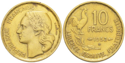 Франция 10 франков 1953 В, петух KM 915.2, Le Franc 363.9 алюминиевая бронза 4519-843