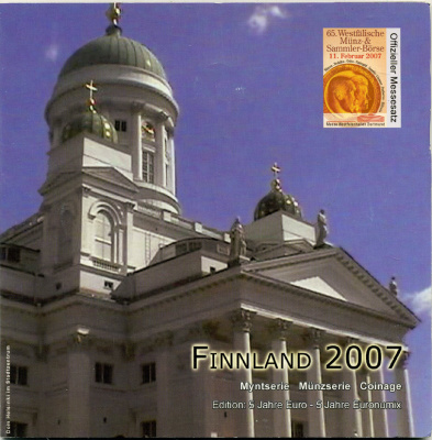 Финляндия евронабор из 8 монет 2007 5 лет евро, официальный набор в оригинальном буклете UNC 5-6-2-21