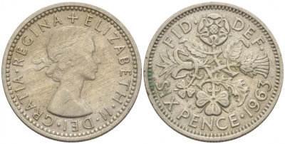 Великобритания 6 пенсов 1963 Елизавета II (1952-2022) KM 903, Spink 4149 медно-никель 4392-627