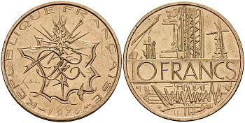 Франция 10 франков 1976 тип Матье KM 940, Le Franc 365.7-8 никель латунь  4601-923