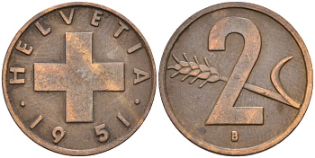 Швейцария 2 раппена 1951 В KM 47 бронза 4591-1121