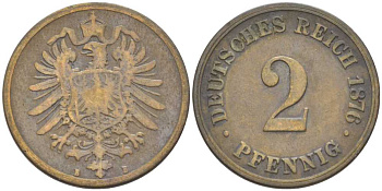 ГЕРМАНИЯ 2 ПФЕННИГА 1876 B, СТАРОГЕРБОВКА KM 2, J. 2, Weege 3 медь 212-631